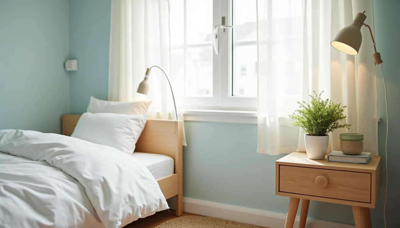 Pale blue walls frame a desk corner with white bedding, wooden nightstand, potted plant, and jute rug edge in natural window