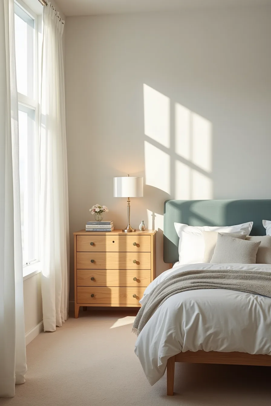 A periwinkle upholstered headboard and soft periwinkle walls coordinate with honey-toned wood bed frame, dresser, and