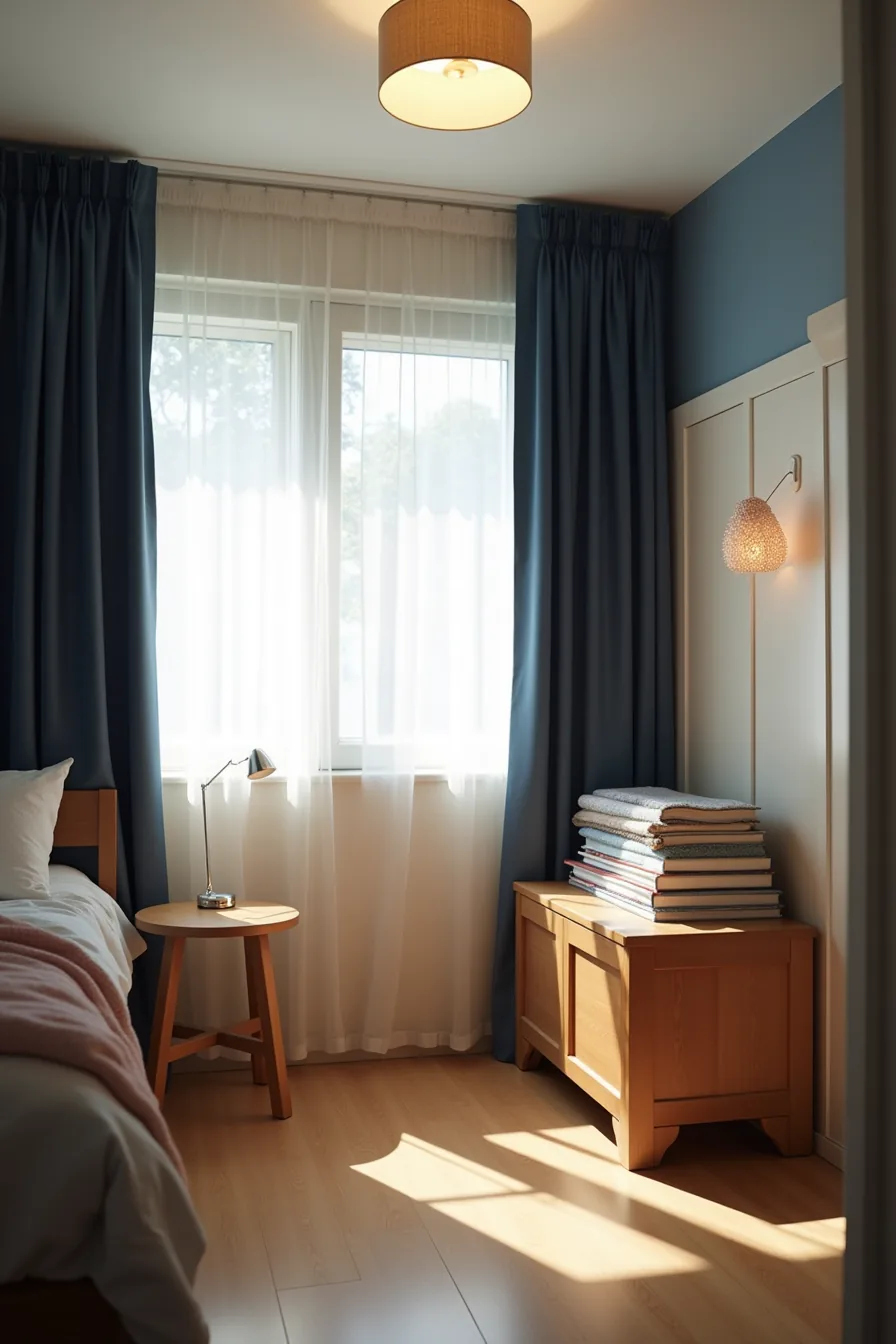A poorly arranged dorm corner with dark blue walls, heavy curtains, furniture blocking the door, blocked air vent, and