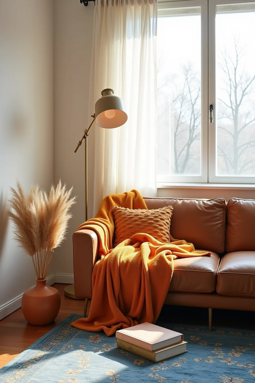 Autumn-styled corner with a blue Persian rug, cognac leather sofa, burnt-orange throw, terra-cotta pot, and pampas grass.