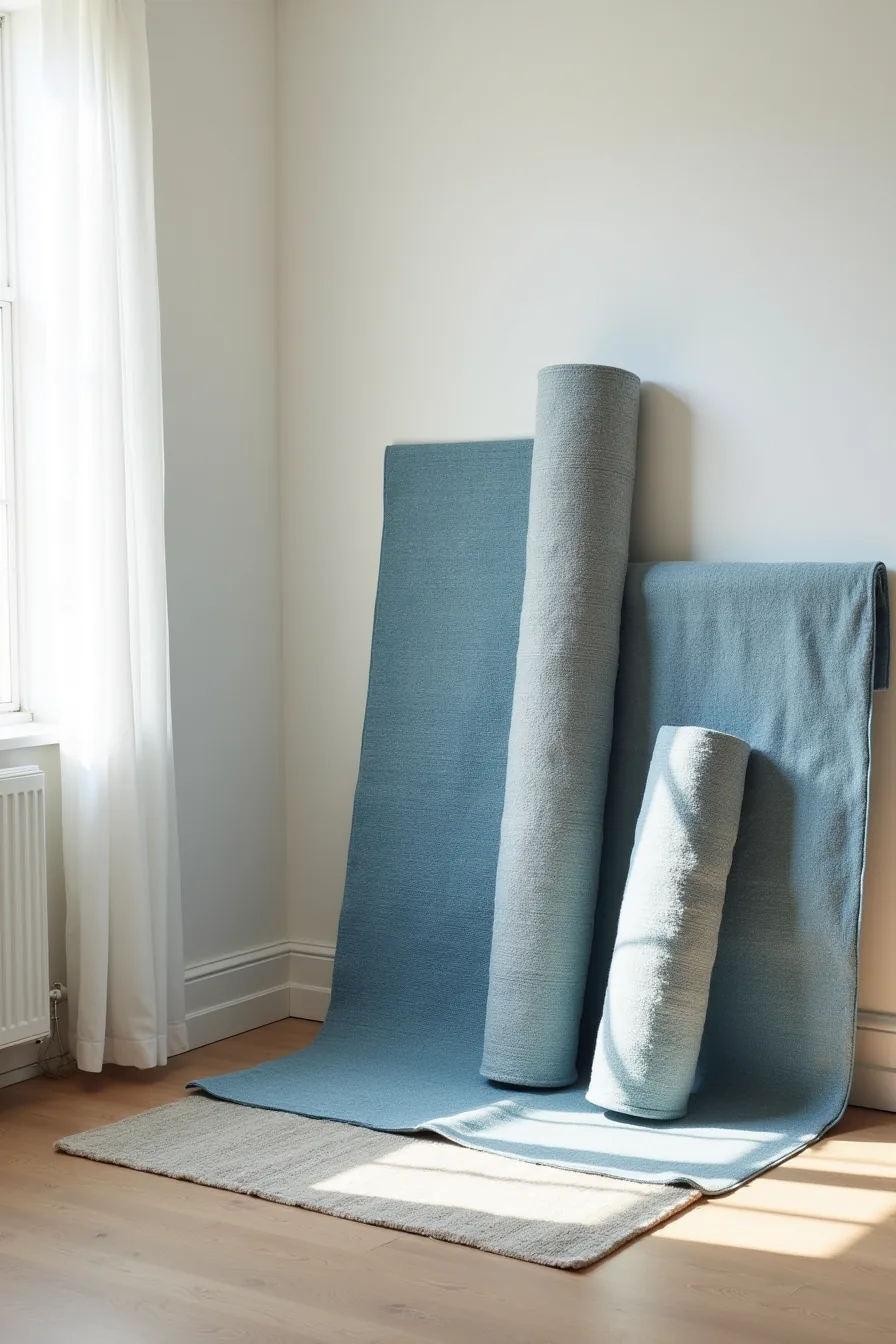 Three blue rugs in rolled form displayed side by side, showing synthetic, semi-antique, and hand-knotted wool varieties.
