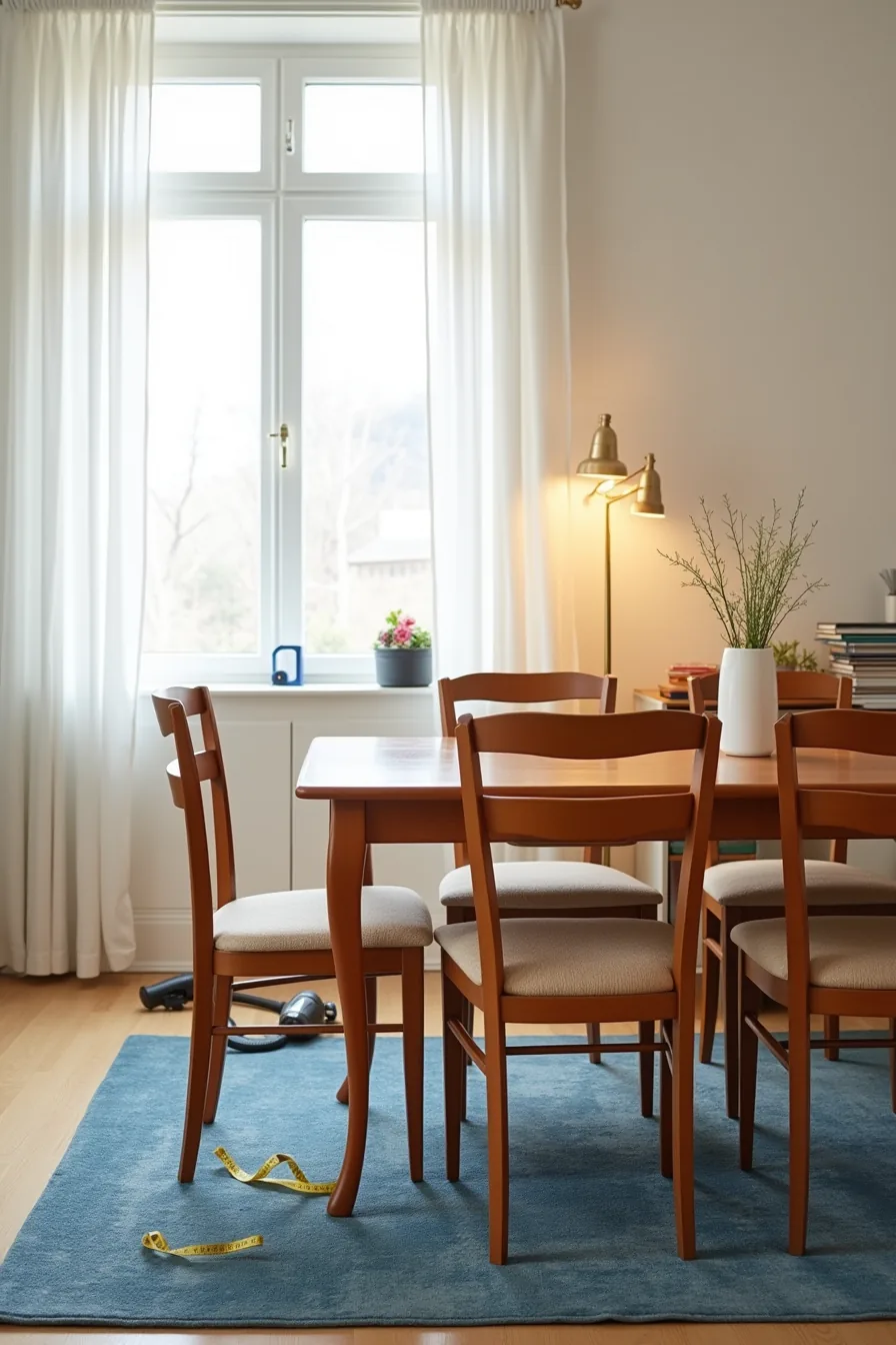 Dining room with a blue Persian rug under a wooden table and four chairs, with a vacuum cleaner and measuring tape visible.