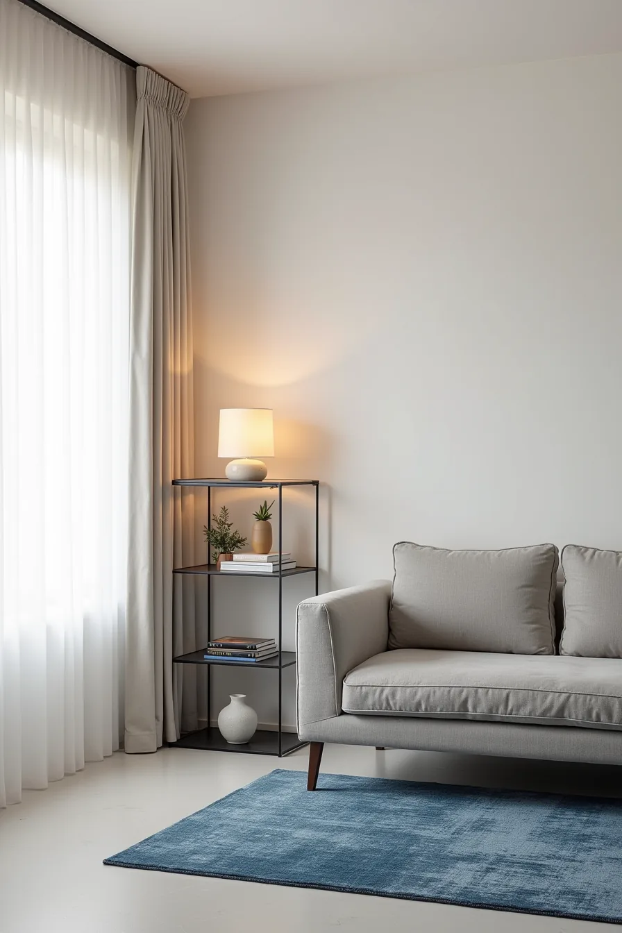 Modern living room featuring a blue Persian rug on concrete flooring with a gray linen sofa and black metal shelving unit.
