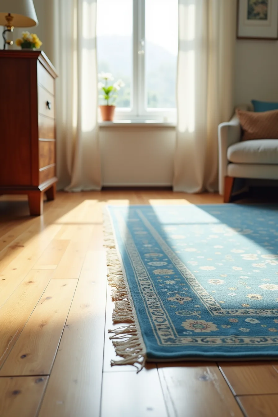 Blue Persian rug fringe meeting oak flooring, with a mahogany dresser leg and brass handle visible at the border.