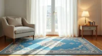 Blue Persian rug with geometric medallion pattern in a sunlit corner, framed by wooden floors, an armchair leg, and side