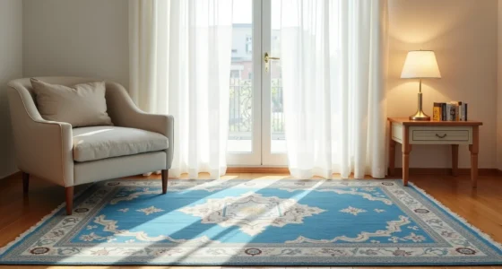 Blue Persian rug with geometric medallion pattern in a sunlit corner, framed by wooden floors, an armchair leg, and side