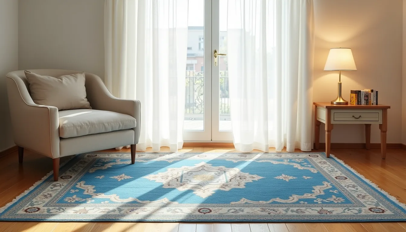Blue Persian rug with geometric medallion pattern in a sunlit corner, framed by wooden floors, an armchair leg, and side