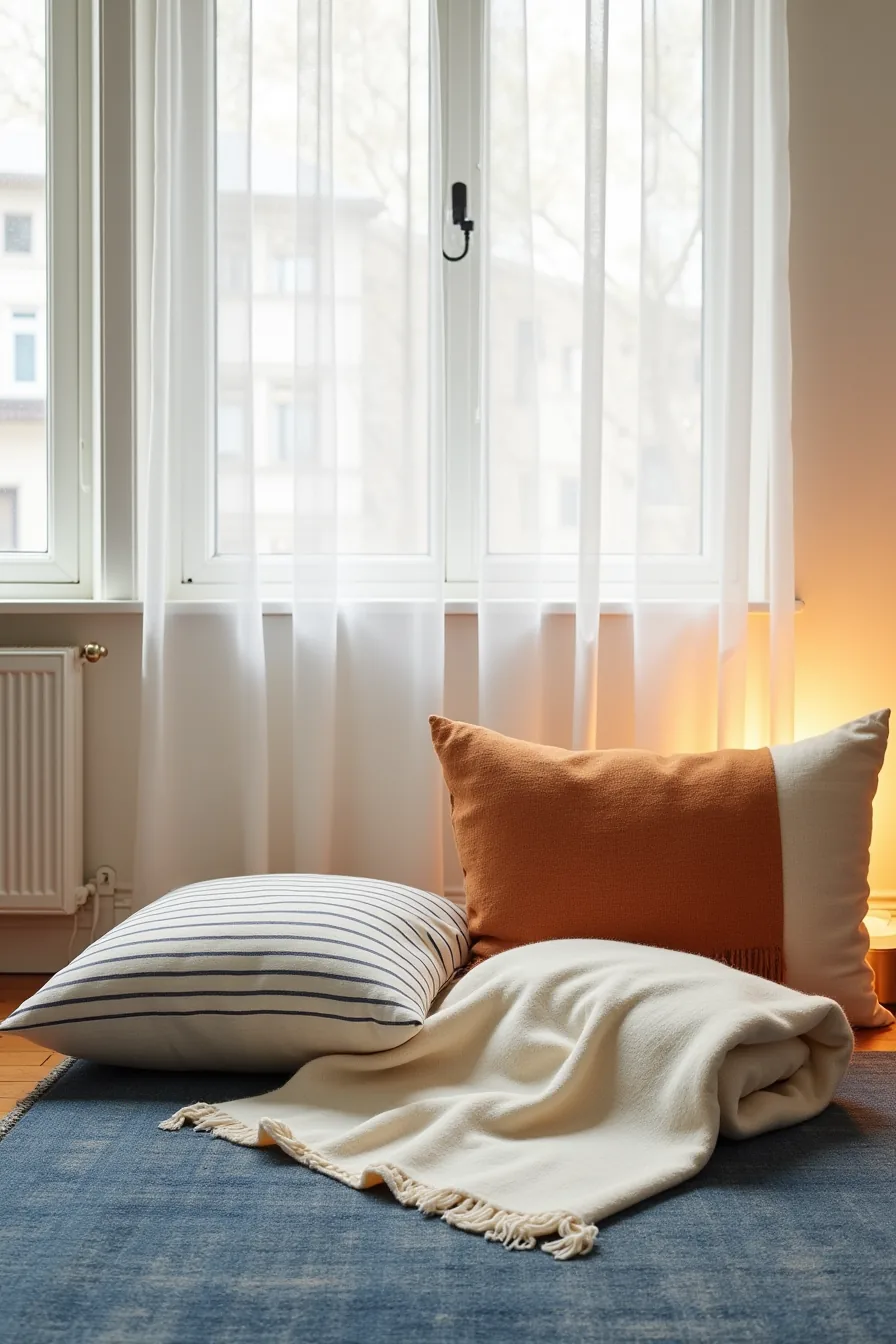 Textile swatches including striped linen, rust throw, patterned fabric, and wool blanket arranged on a blue Persian rug.