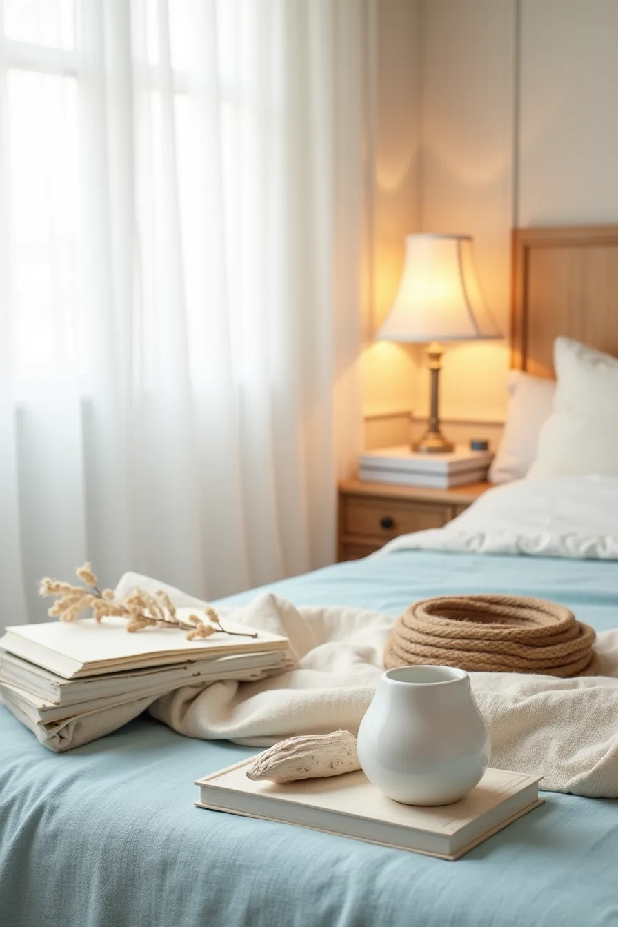Pale blue rug corner styled with cream linen, jute rope, a ceramic vessel, and driftwood in soft side lighting.