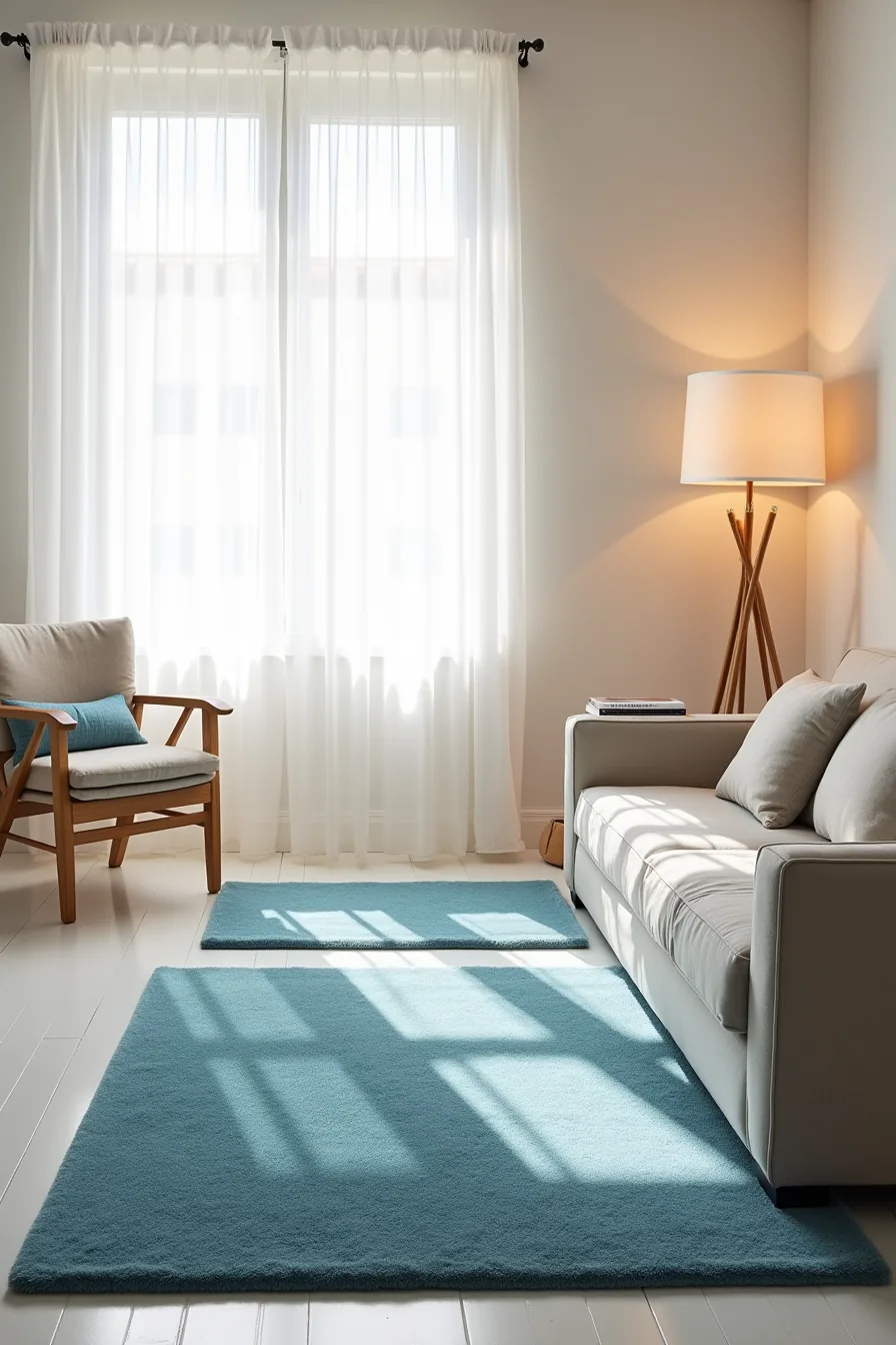 Three graduated blue rugs layered in a living space—small under an accent chair, medium under a sofa, large anchoring the