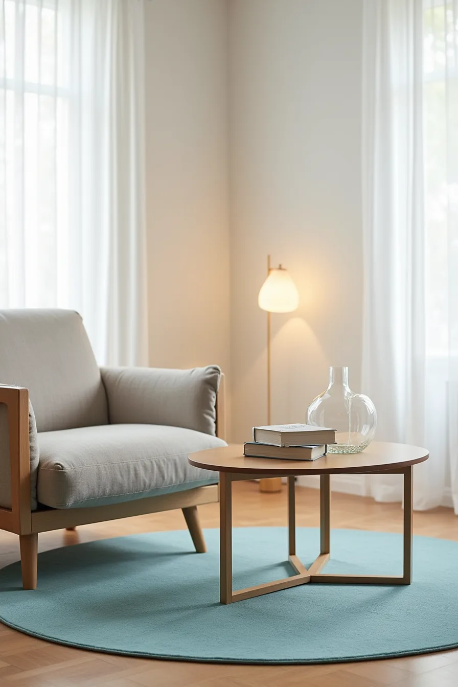 Solid medium-blue rug topped with a side table displaying a glass vase and stack of books.