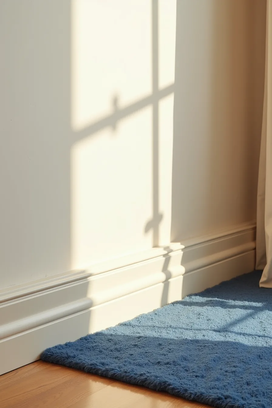 Navy rug corner against a beige wall with cream baseboards and hardwood flooring visible in morning light.