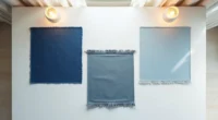 Three blue rug color swatches—navy, slate, and pale denim—arranged overlapping on a white surface in natural light.