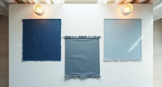 Three blue rug color swatches—navy, slate, and pale denim—arranged overlapping on a white surface in natural light.