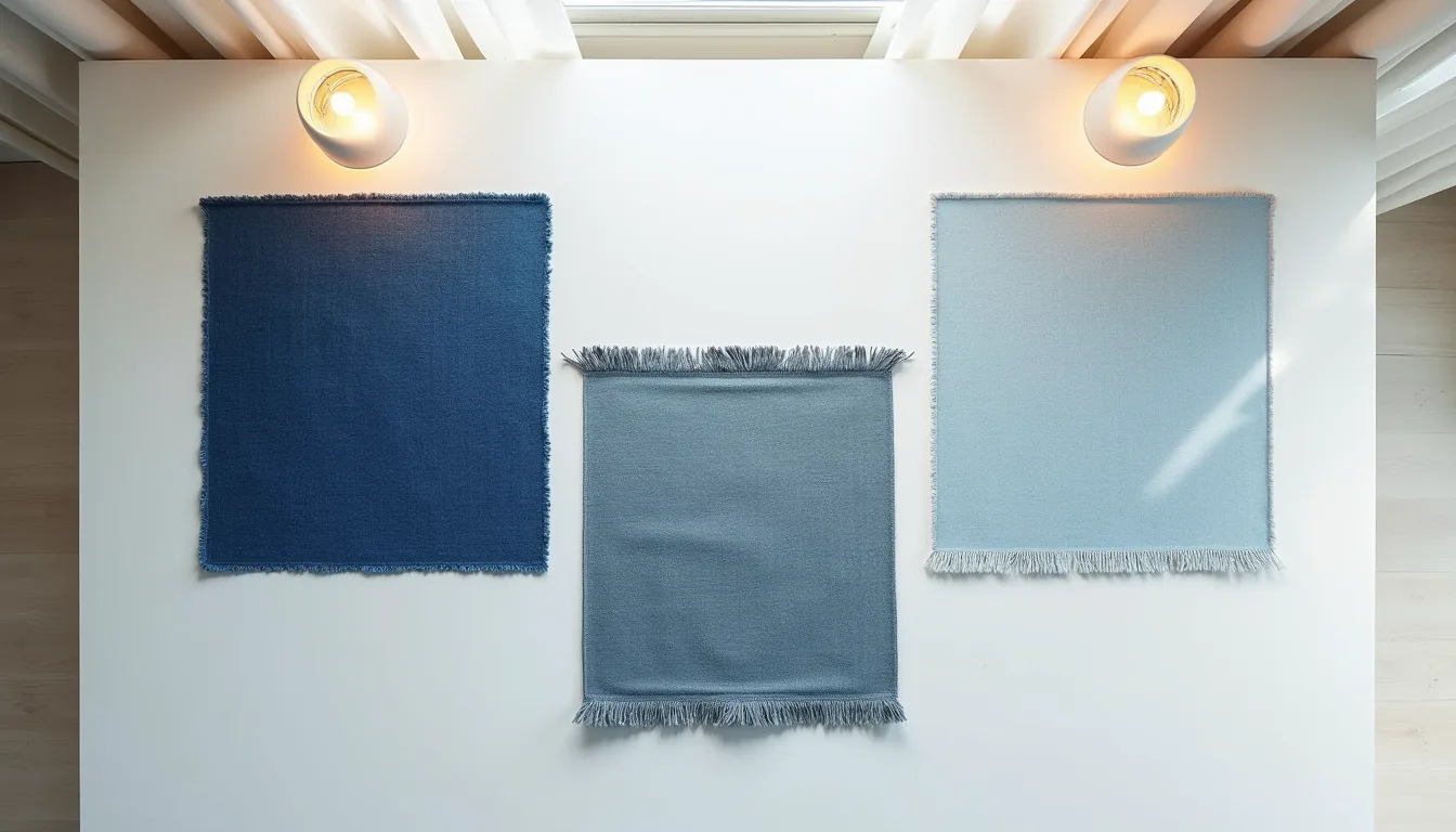 Three blue rug color swatches—navy, slate, and pale denim—arranged overlapping on a white surface in natural light.