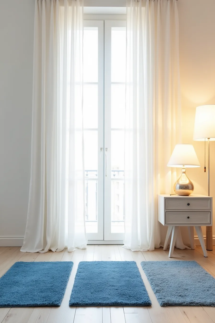 Three blue rugs displayed side by side showing synthetic polypropylene, peel-and-stick adhesive-backed, and hand-knotted