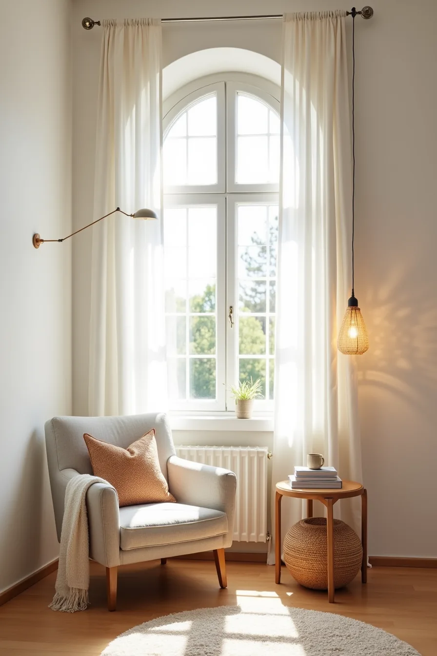 Boho accent chair in a corner with an arched window, wooden side table, woven basket, rattan footrest, and pendant light