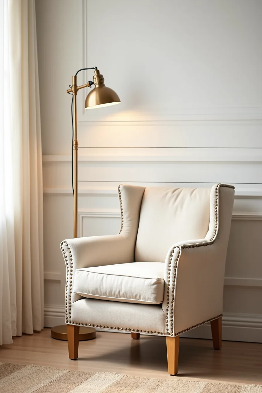 High-end boho accent chair with hardwood frame, brass nailhead trim, linen upholstery, and quality stitching against a white