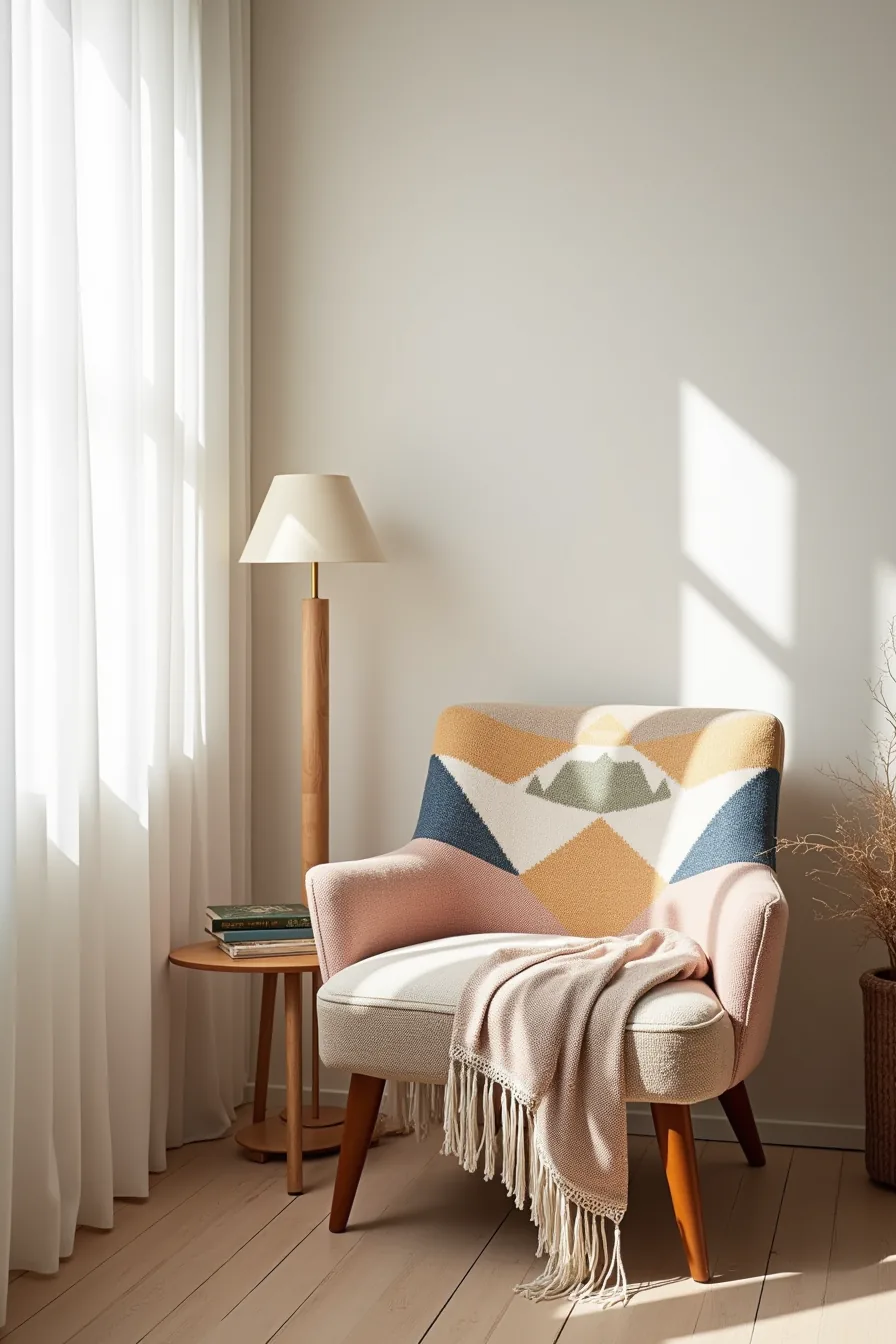 Boho accent chair with patchwork geometric upholstery, macramé fringe trim, and a tassel throw draped over the armrest.