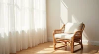 Overhead view of a rattan accent chair with curved armrests, cream cushion, and sunlight casting shadows on the woven seat