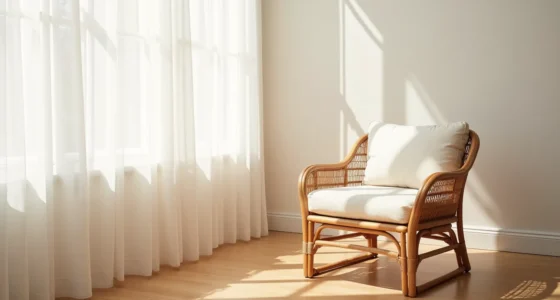 Overhead view of a rattan accent chair with curved armrests, cream cushion, and sunlight casting shadows on the woven seat