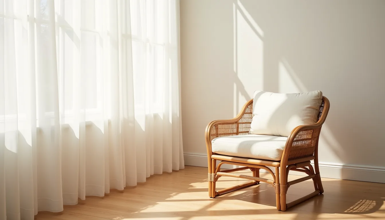 Overhead view of a rattan accent chair with curved armrests, cream cushion, and sunlight casting shadows on the woven seat