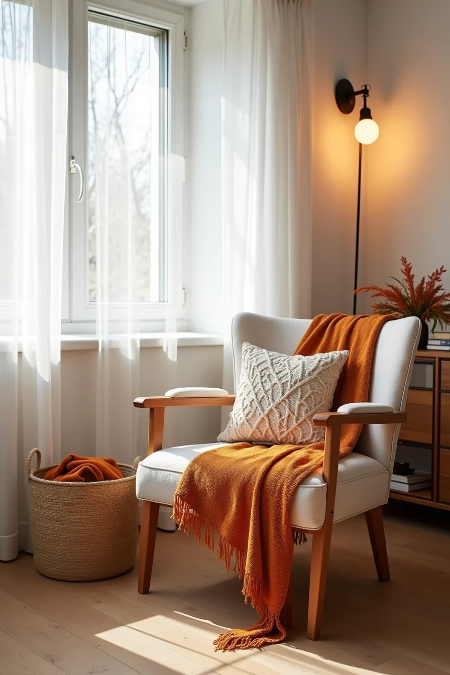 Boho accent chair with rust and ochre throw, chunky knit blanket, earth-tone cushion, and woven storage basket filled with