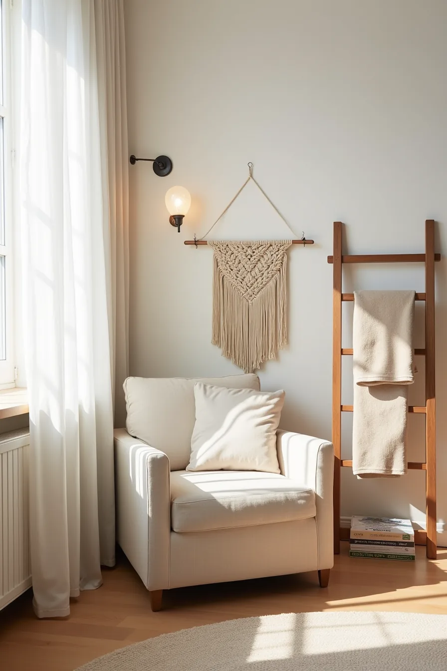 Boho accent chair with removable linen slipcover, tension rod-mounted macramé hanging, and freestanding wooden frame with