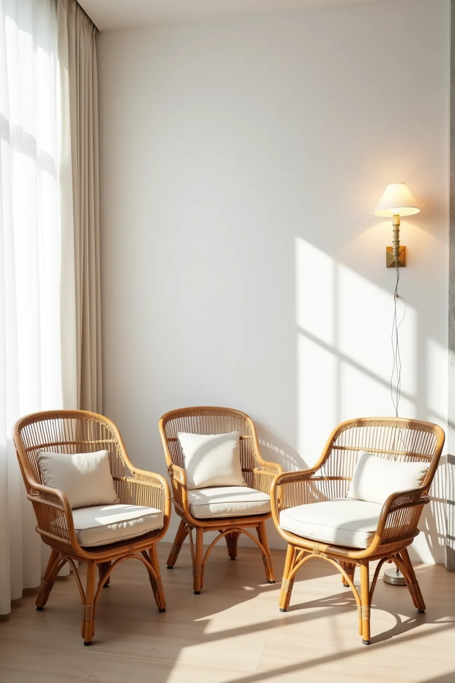Three rattan accent chairs with different frame styles—rounded back, straight back, and wingback—each with neutral cushions