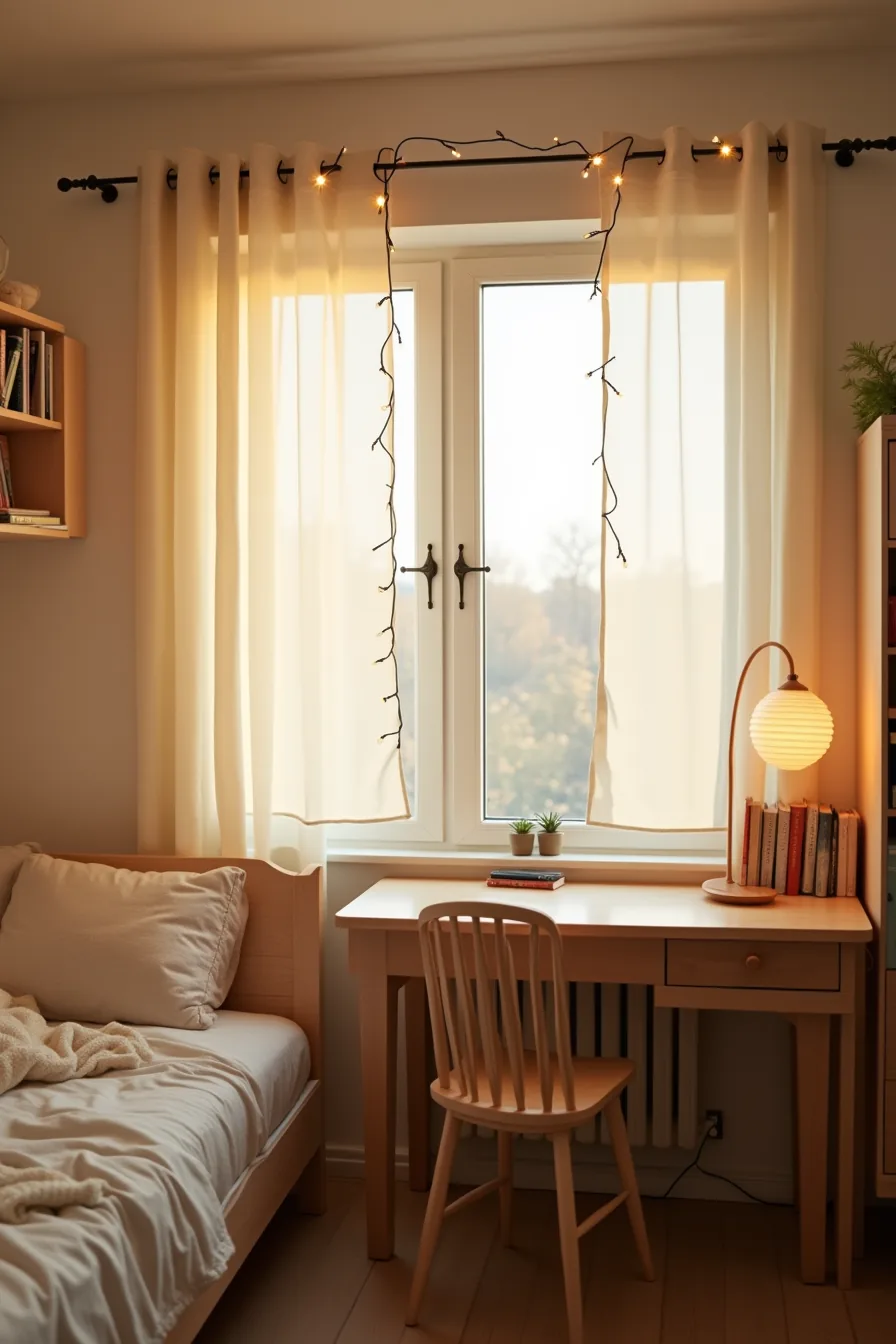 Dusk-lit dorm corner with string lights, hanging paper lantern, and sheer linen window frame creating warm ambient lighting.
