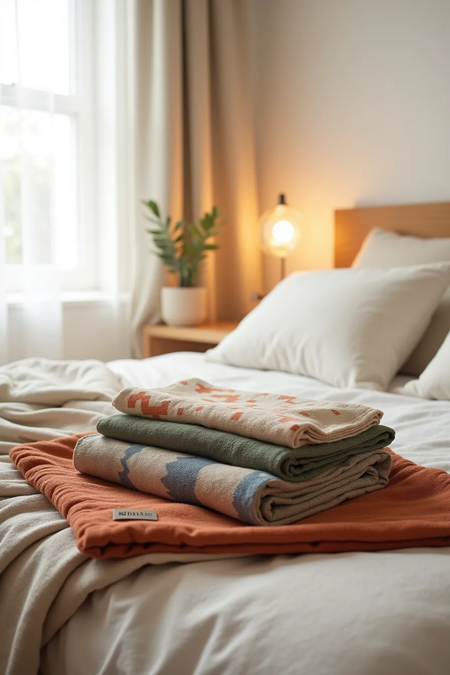 Three fabric swatches arranged on a bed showing cotton print, linen blend, and vintage kilim with a price tag on the kilim.