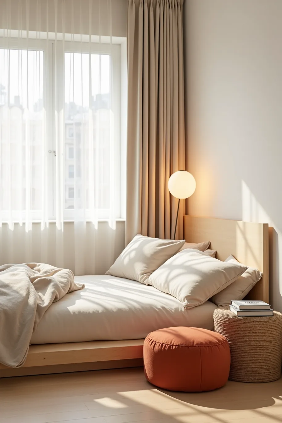 Corner seating area with natural and rust linen floor cushions, low platform bed behind, and woven poufs stacked as a table.