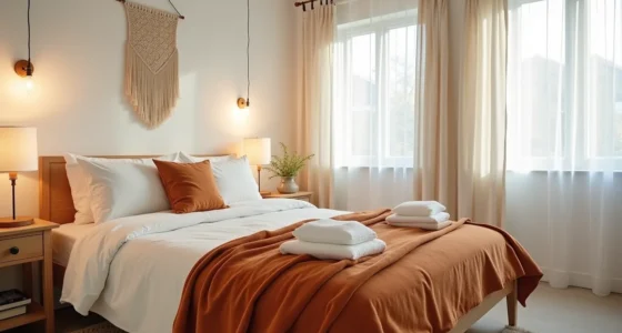 Twin bed from above with cream linens, rust throw, macramé wall hanging, and patterned rug beside it.