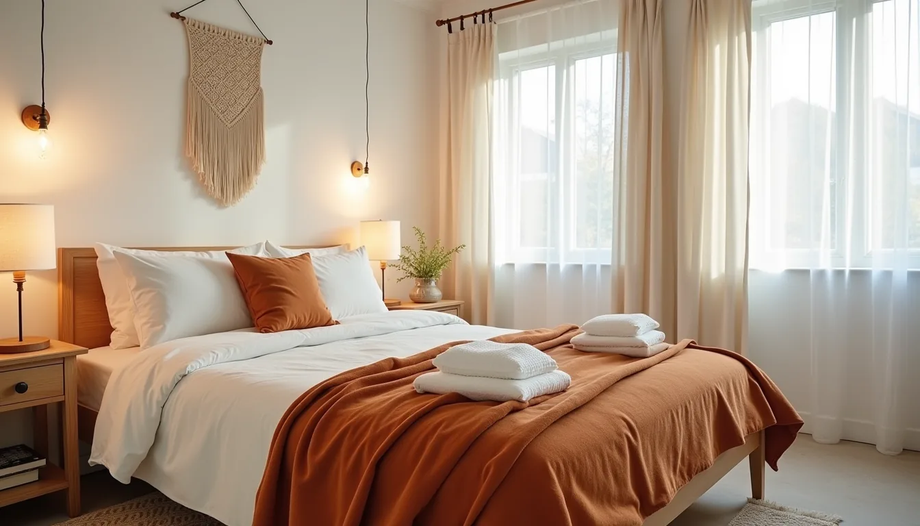 Twin bed from above with cream linens, rust throw, macramé wall hanging, and patterned rug beside it.