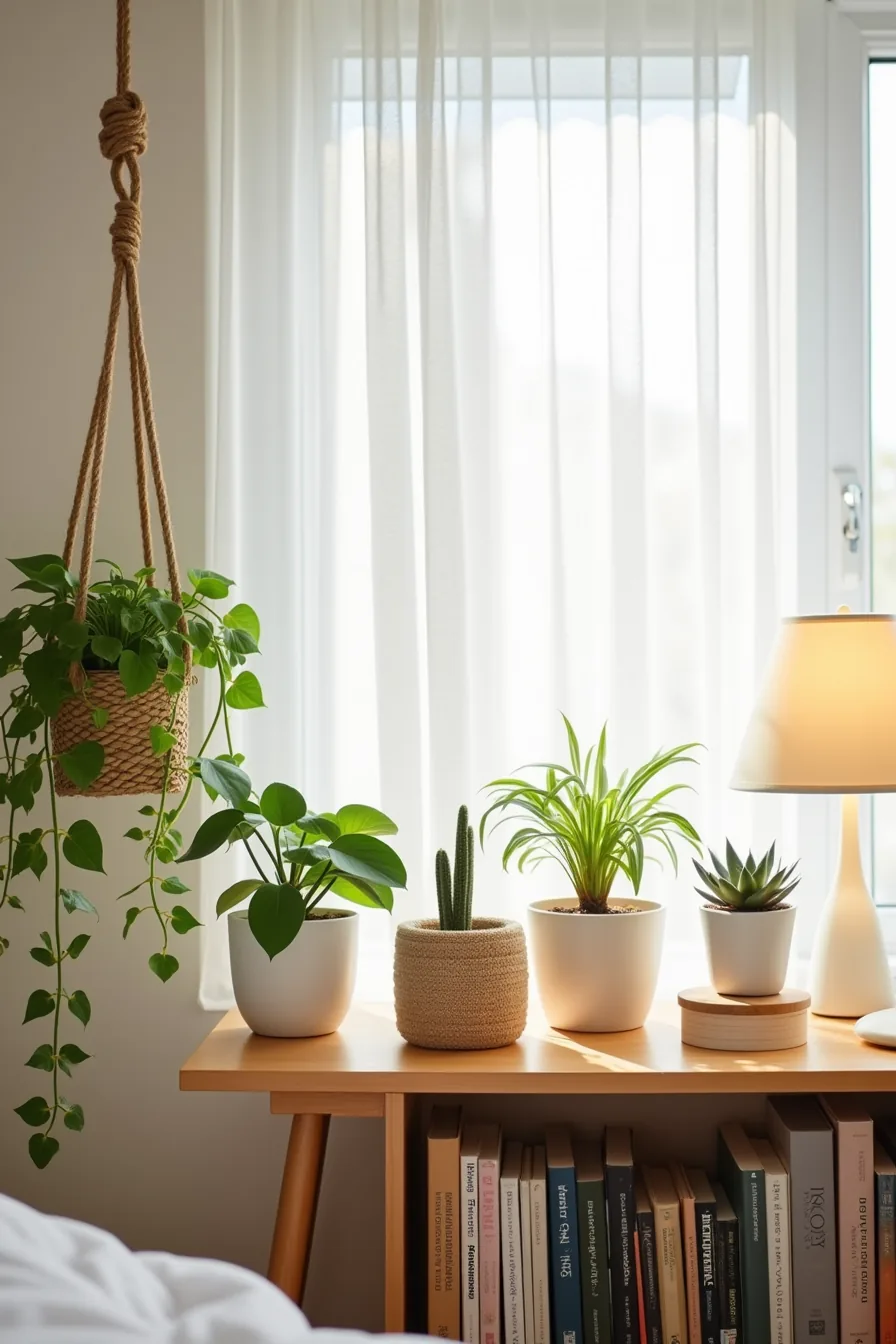 Shelf arrangement of five potted plants in terracotta and ceramic with rope hanger, wooden stand, and woven basket near a
