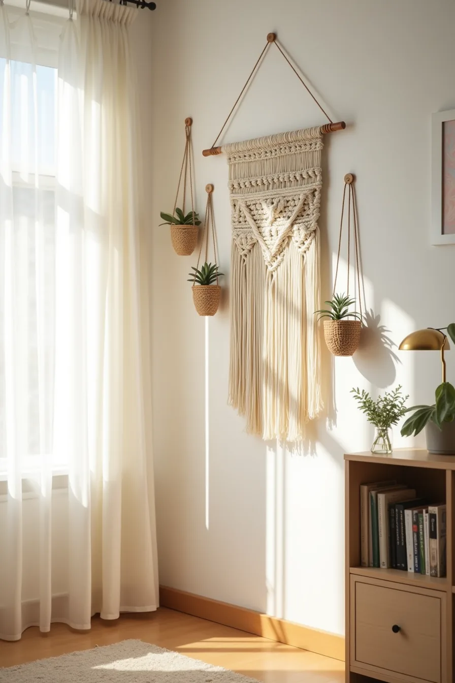 Bare wall displaying a large macramé hanging centered on a tension rod with two rope plant hangers on either side.