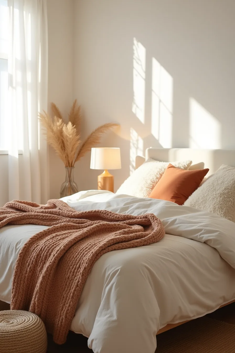 Bed corner detail showing layered cream, rust striped, and chunky knit textures with a woven pouf on jute rug.