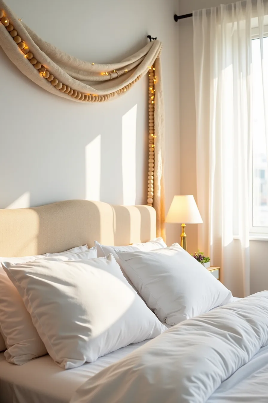 Wooden beaded garland with cream fabric swag and string lights draped above headboard in two swoops.