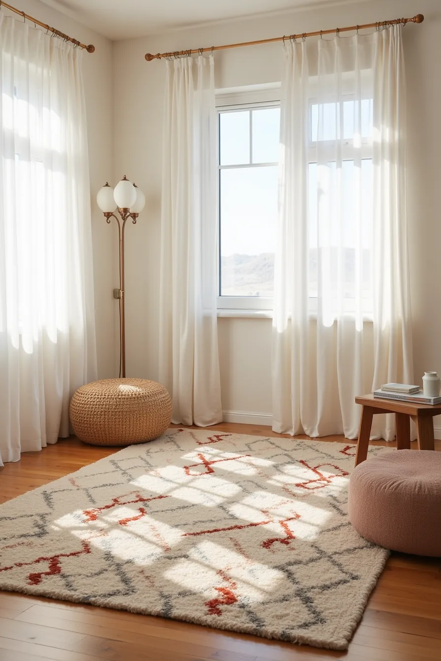 Boho wool rug with geometric diamond pattern and rust accents sits on hardwood floor with woven pouf and wooden table.