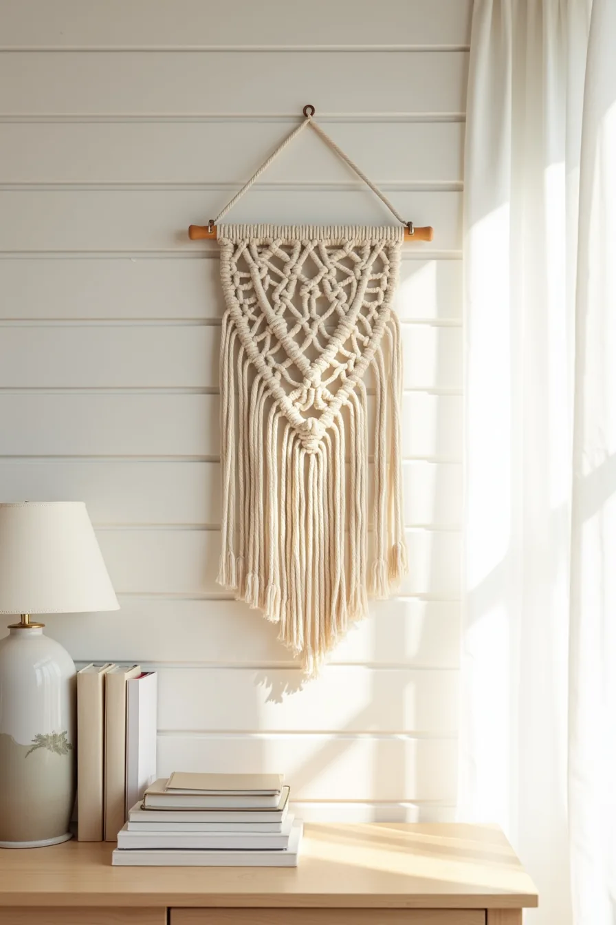 Cream macramé with geometric diamond pattern and fringe hangs from wooden dowel on white shiplap wall.