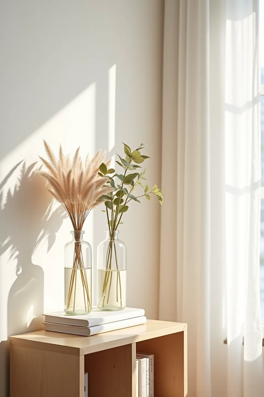 Three glass vessels on wooden shelf display dried roses, pampas grass, and eucalyptus in varying heights.
