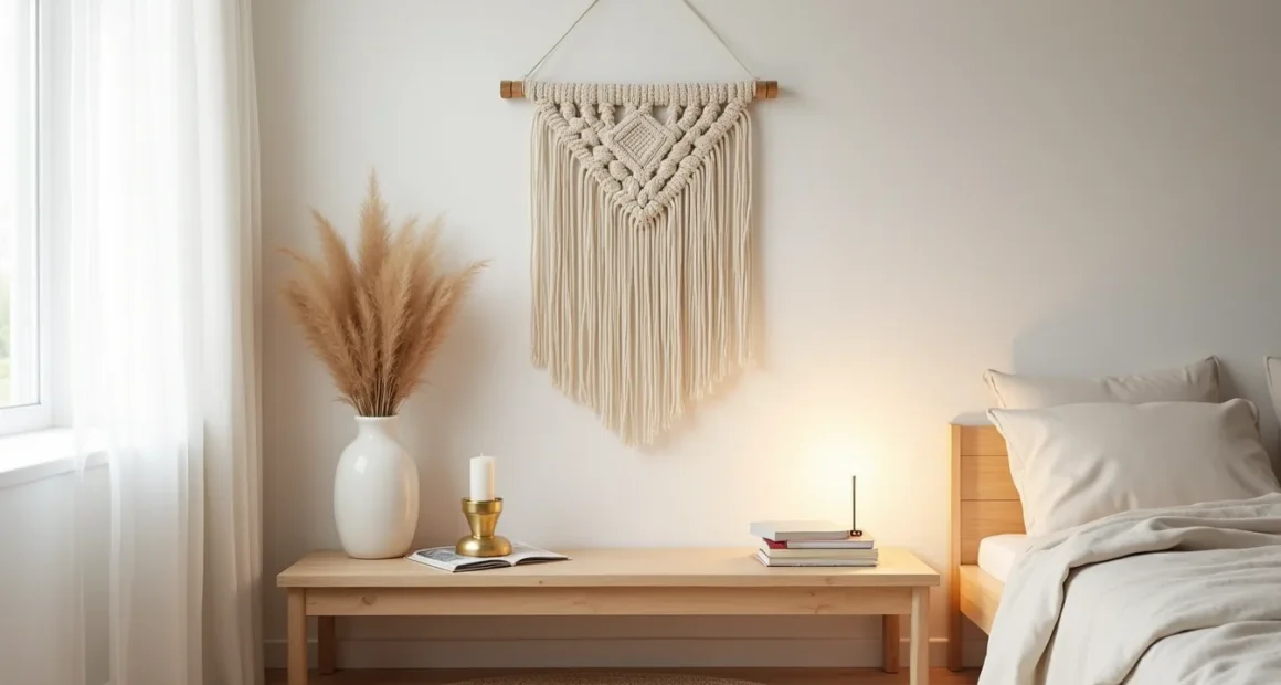 Macramé wall hanging behind wooden bench with ceramic vase of pampas grass, brass candleholder, and woven rug below.