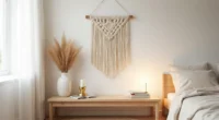 Macramé wall hanging behind wooden bench with ceramic vase of pampas grass, brass candleholder, and woven rug below.