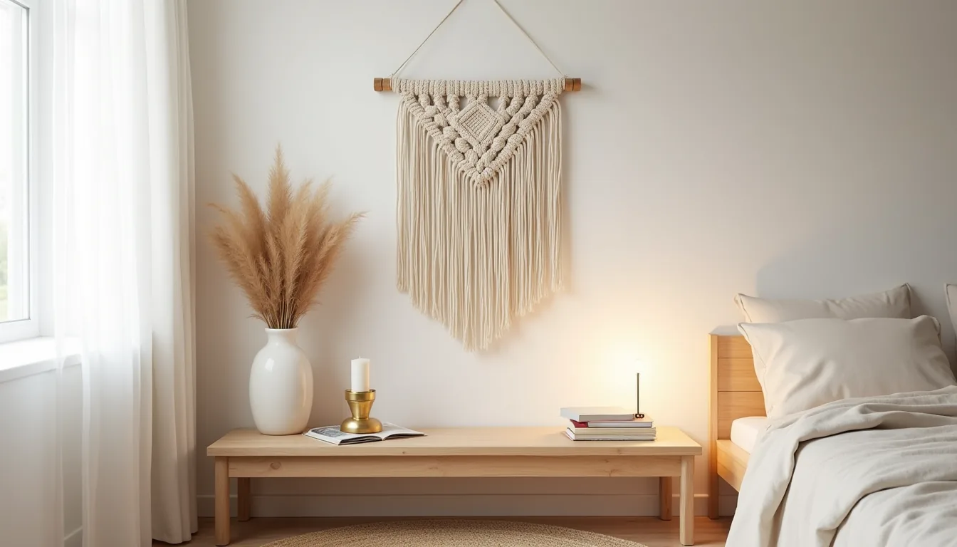 Macramé wall hanging behind wooden bench with ceramic vase of pampas grass, brass candleholder, and woven rug below.