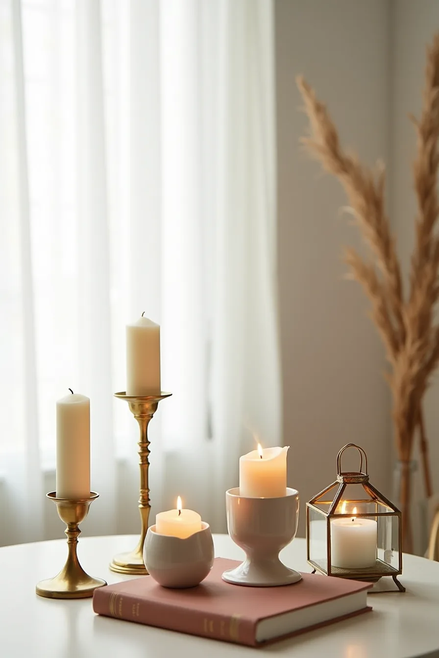 Five different candle holders in brass, ceramic, glass, and iron arranged together on a table surface.
