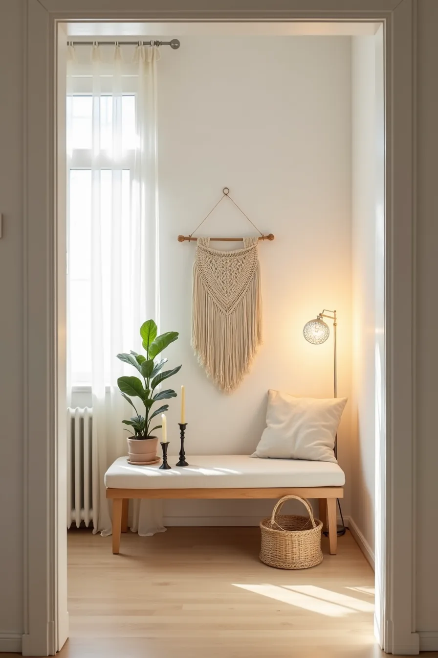 Studio apartment corner displays macramé wall hanging above bench with potted plant, candleholders, and woven basket.