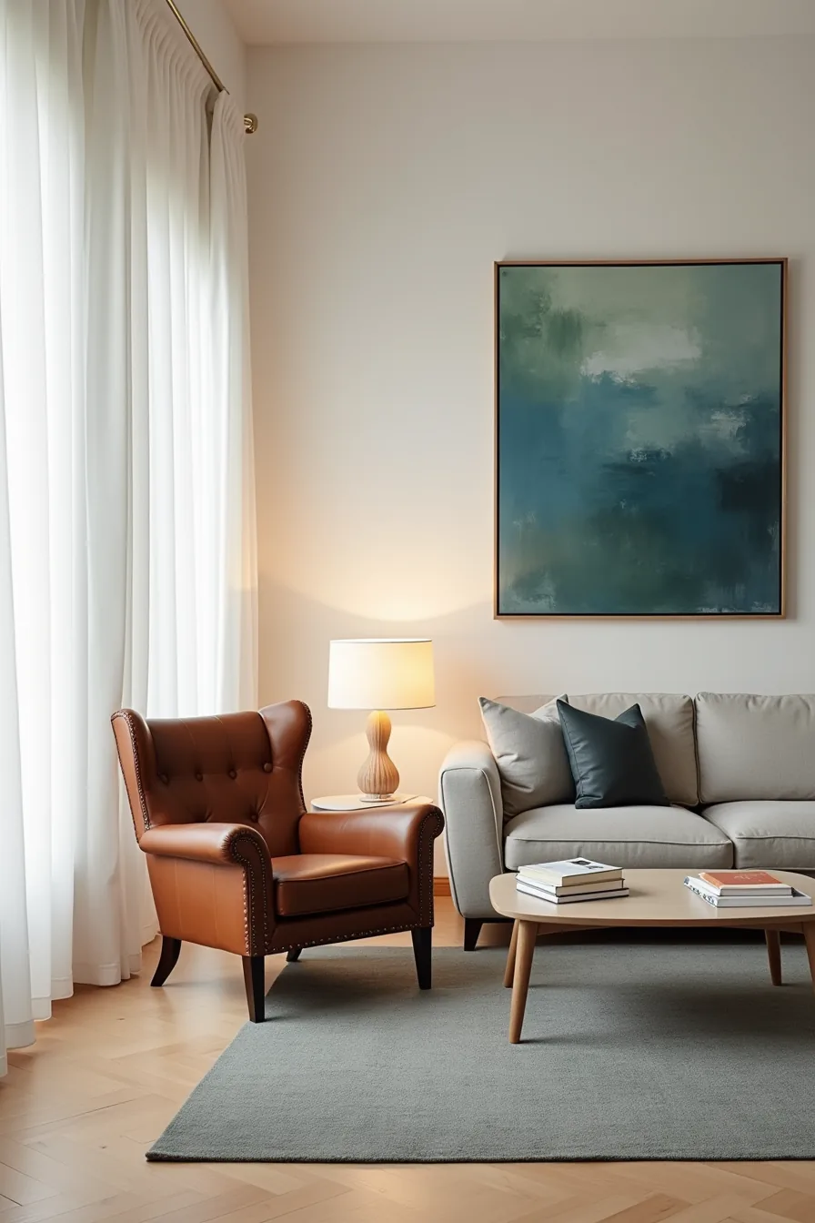 Brown leather Chesterfield chair across from gray sofa with abstract painting and slate pillow, viewed from opposite seating.