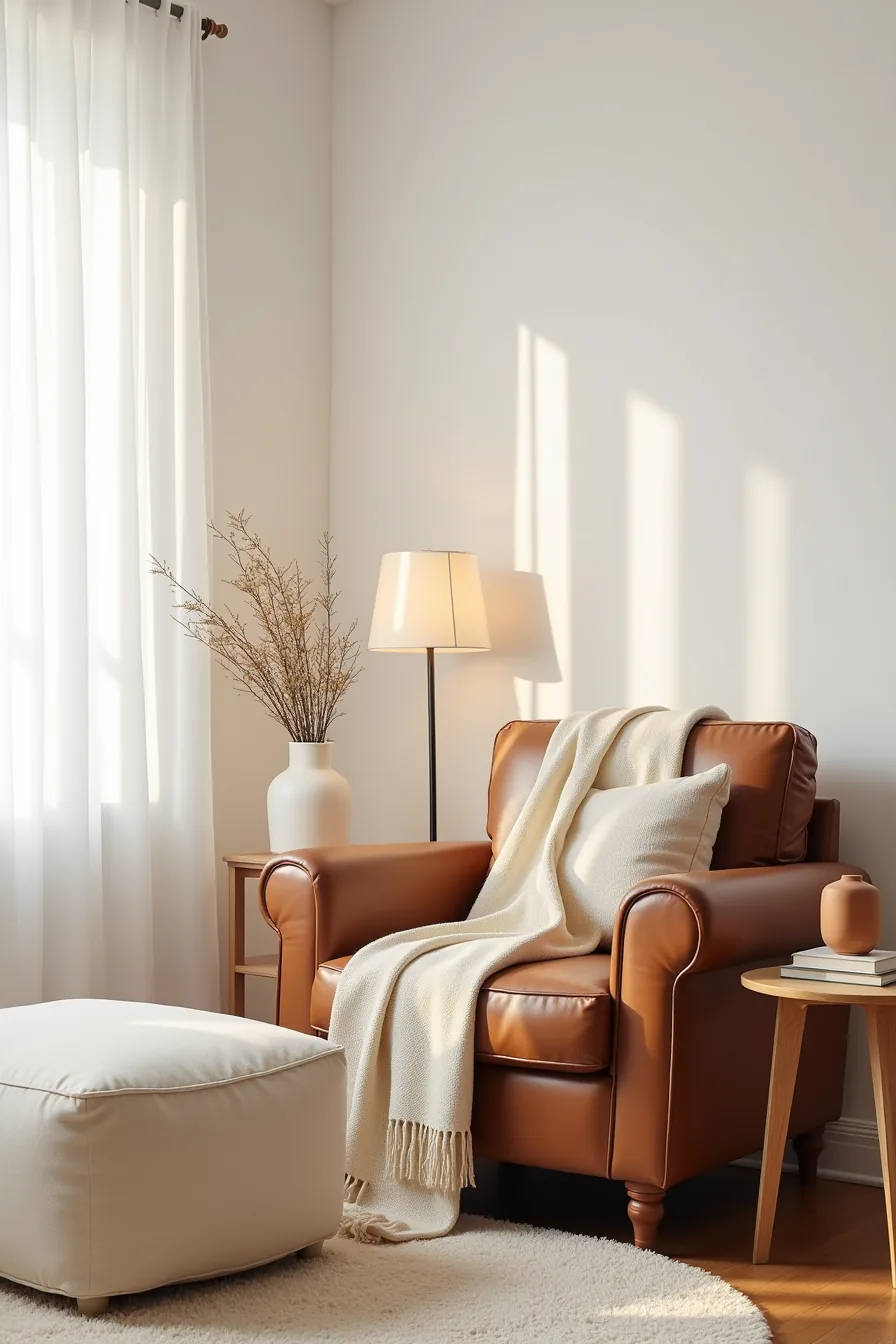Brown leather club chair with rolled arms next to cream ottoman, cream throw blanket, wooden side table with ceramic vessel.