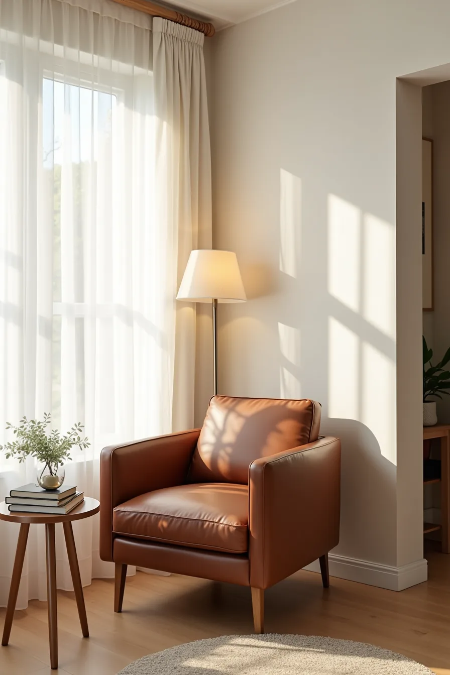 Compact brown leather accent chair tucked in corner nook with small side table, doorway visible, demonstrating