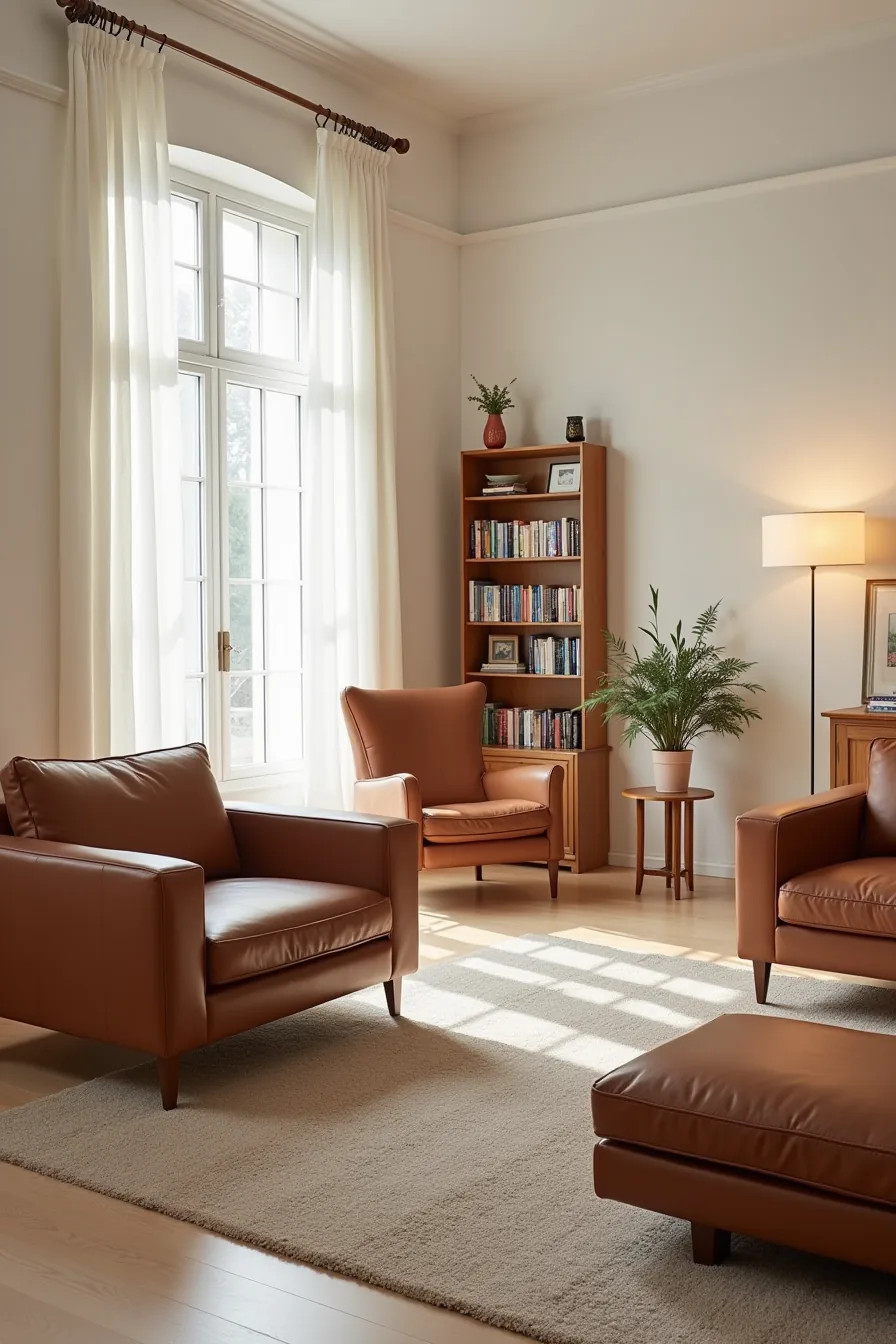 Brown leather sofa and matching accent chair arranged at angles with multiple rugs, bookshelf, and console table in